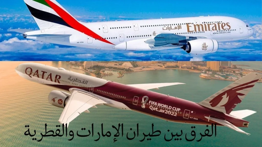 طائرتان من طيران الإمارات والخطوط الجوية القطرية تحلّقان فوق الغيوم في سماء زرقاء، تعبيرًا عن مقارنة بين شركتي الطيران الخليجيتين من حيث الراحة والخدمات والأسعار.